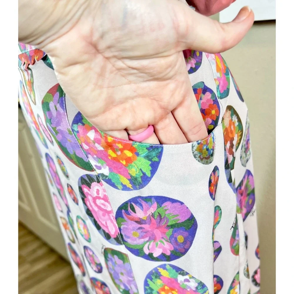Fendi Colorful 100% Silk Midi Logo Skirt W/ Jagged Trim